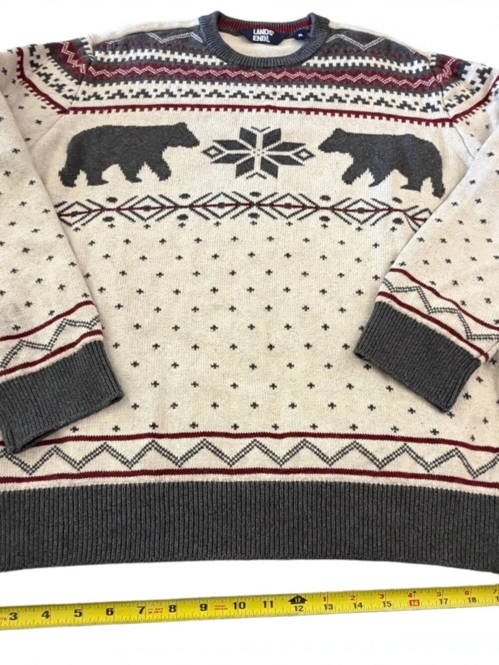 Lands End Sweater Mens XL Fair Isle Bear Snowflake Christmas Holiday Cotton